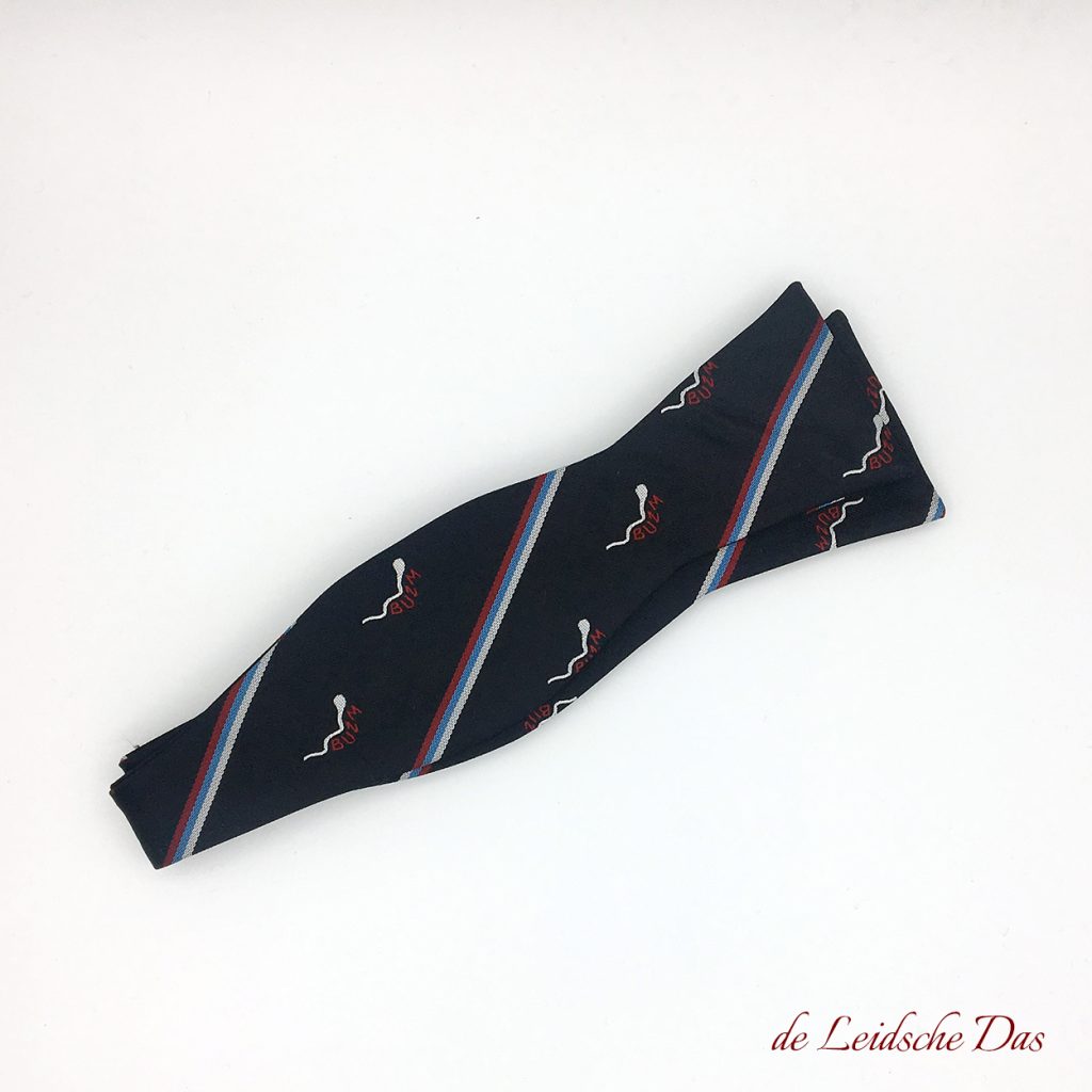 Self tie bow tie custom made with recurring logo in a personalized bowtie design, custom bow ties