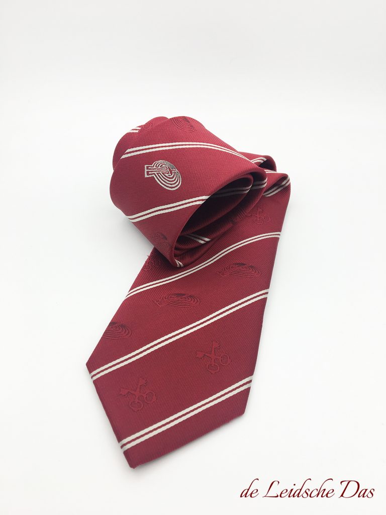 Club logo necktie in club colors with logos and lines, woven logo tie in a custom tie design