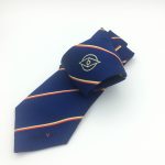 Woven logo tie with centered club logo and stripes in club colors, custom neckties with your logo