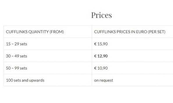 Price list custom cufflinks, Prices custom cufflinks in Euros