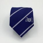 Blue personalized tie with logo and white lines custom woven in high-quality microfiber