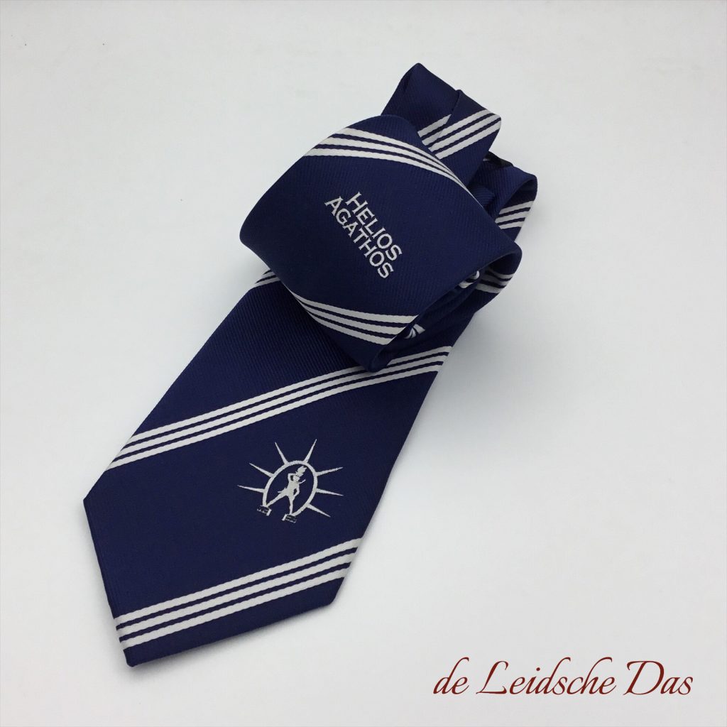 Custom tie in blue with white lines, text and logo made by tie producer the Leidsche Das