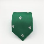 Custom designed hand-crafted silk ties in green with recurring logos, custom woven silk ties