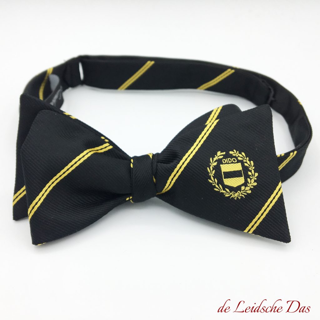 Personalized pre-tied tuxedo bow tie in black with yellow lines and logo, custom bow ties