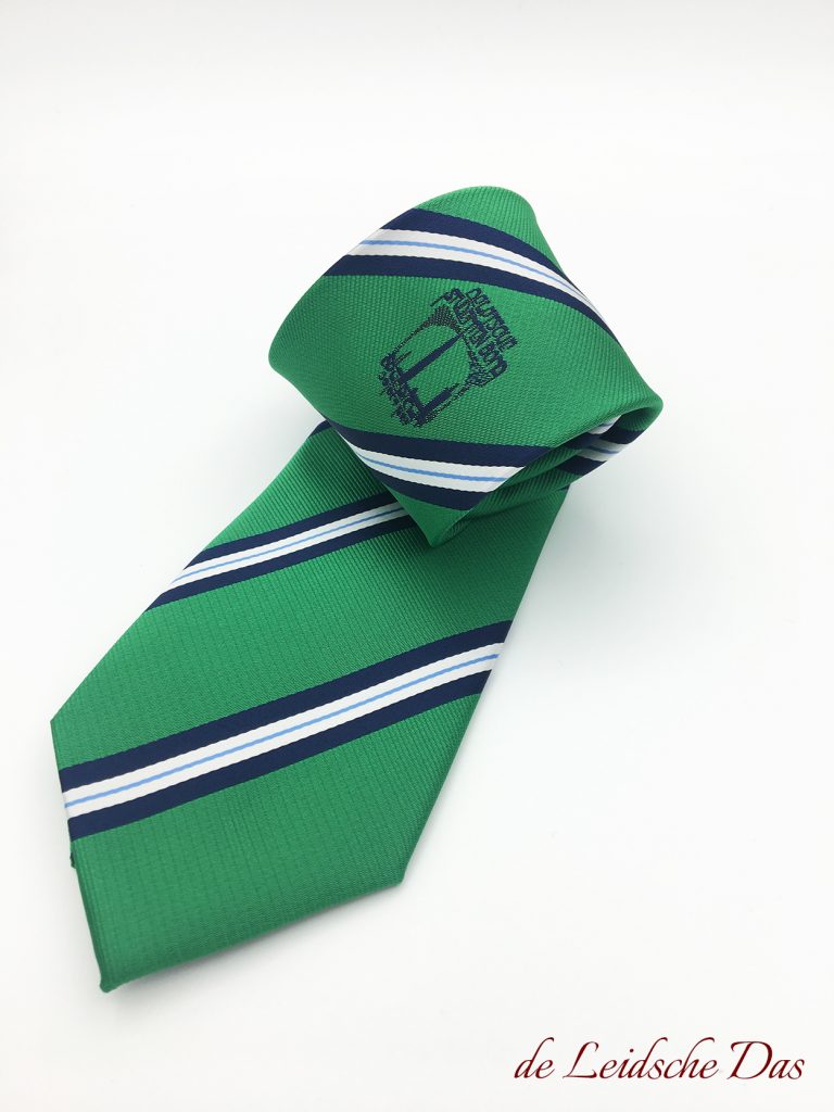 Striped custom necktie with logo woven in fun green, stripes in navy blue light blue and white