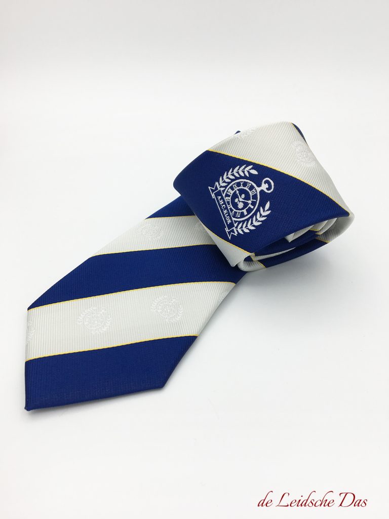 Personalised ties woven in microfiber, striped club color ties with centered and recurring club logos