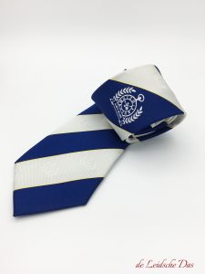 Bespoke association necktie with logos custom woven in the requested colors and striped pattern