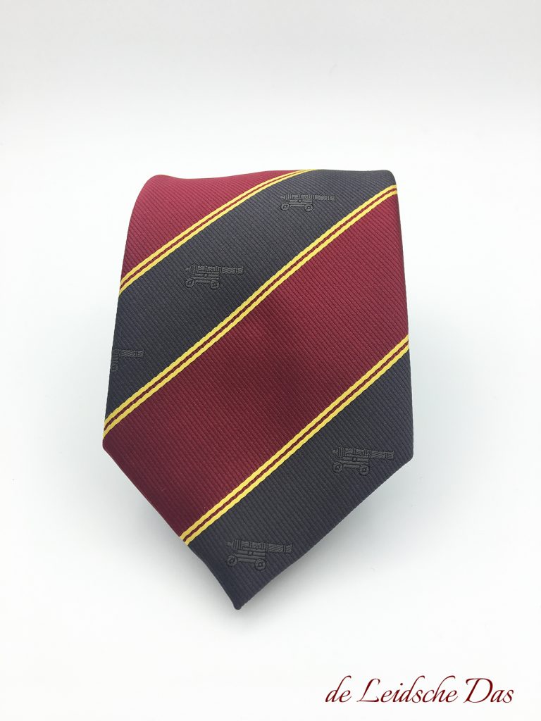Tailor-made Neck Ties we made to order for a regiment, classic striped ties with recurring coat of arms custom (repp) woven