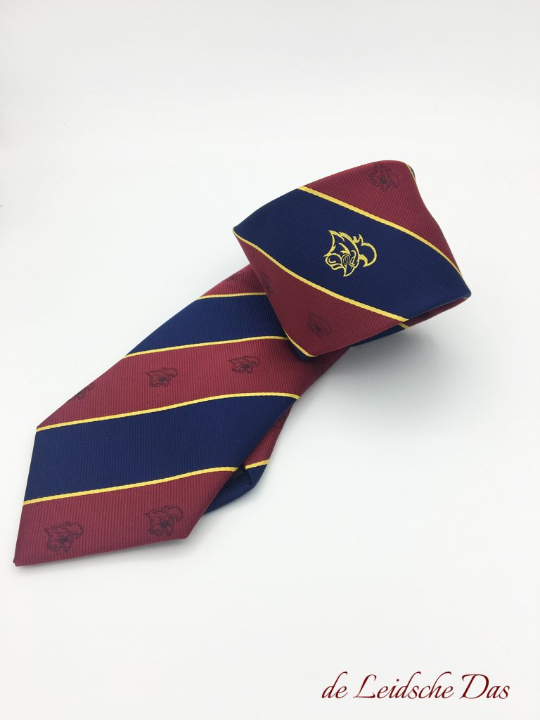 Personalized tie design nr. 972, custom weaved striped tie with logos striped in red and blue with yellow lines