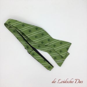 Green with white lines personalized self-tie bowtie with repeating logos, woven self-tied bowties in a custom bowtie design