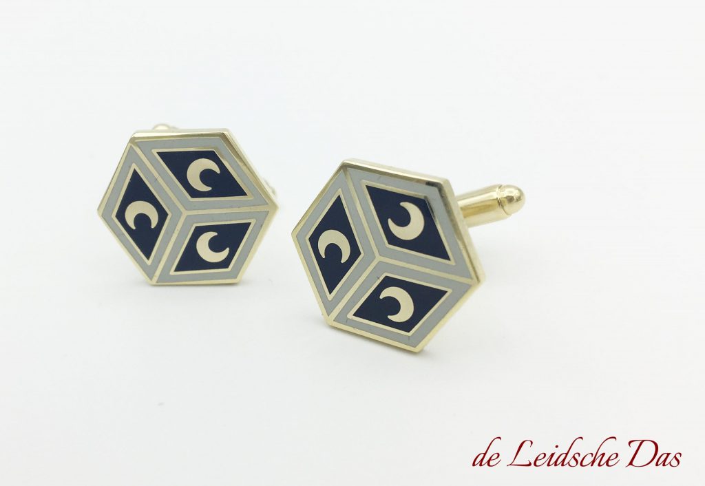 Custom made cuff links in the proposed design, Cufflinks hexagonal, colors: dark blue, grey and gold
