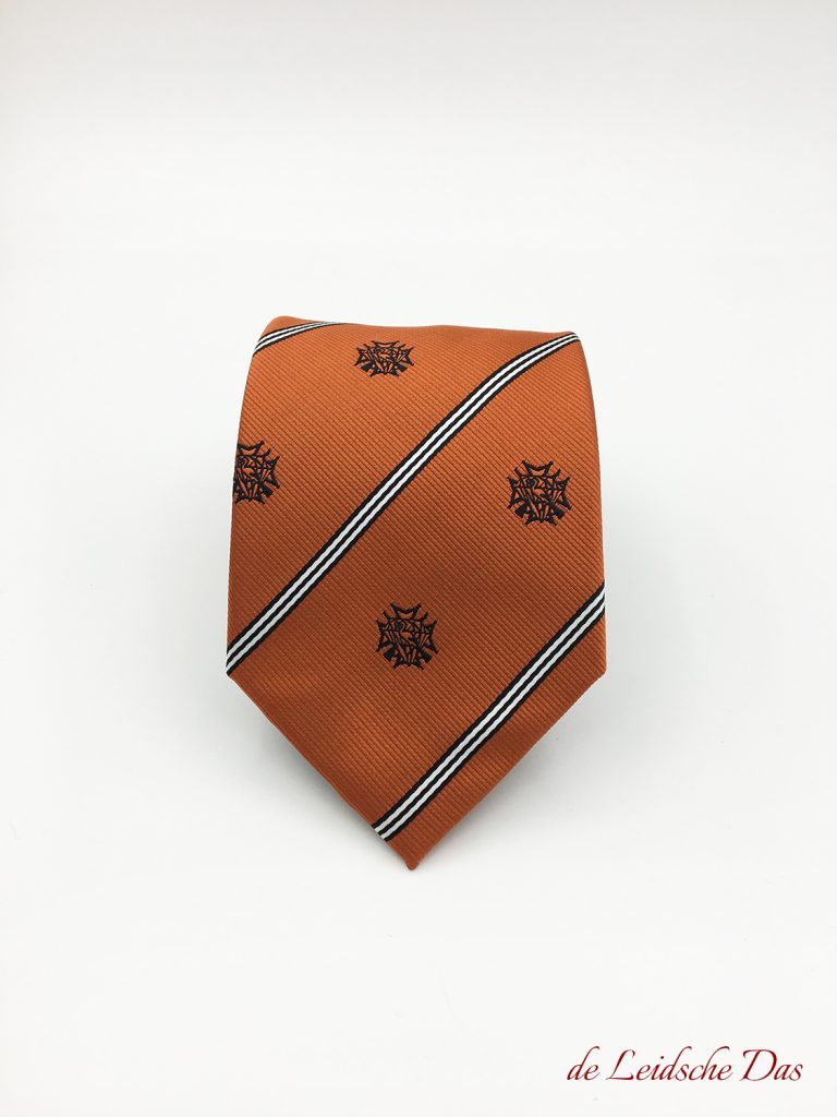 Customized neckwear, orange logo tie with stripes exclusively made in a custom design, tie fabric custom weaved