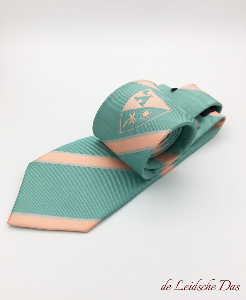 Customized necktie custom woven in pastel colors, striped with centered logo