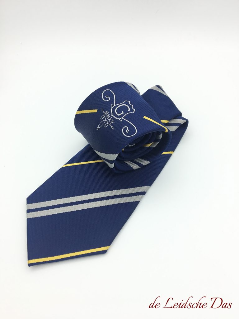 Blue logo necktie made custom with grey and yellow stripes, custom weaved personalized neckties for organizations