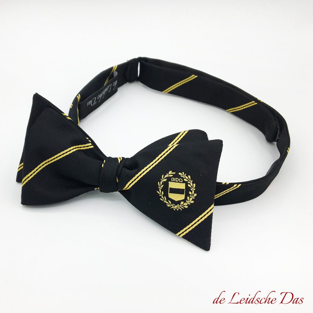 Pre-tied black custom-made bow tie with logo and vertical yellow lines