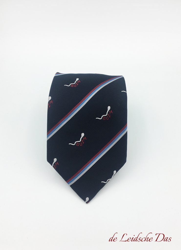 Blue custom ties made with lines and recurring logos, ties made to order based in the clients requirements